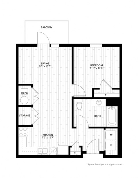 Floor plan for 1 bed, 1 bath, 668 sqft